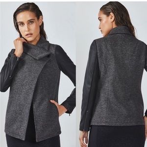 Fabletics Milano jacket Gray Black Faux Leather Sleeves Funnel Neck Zip …